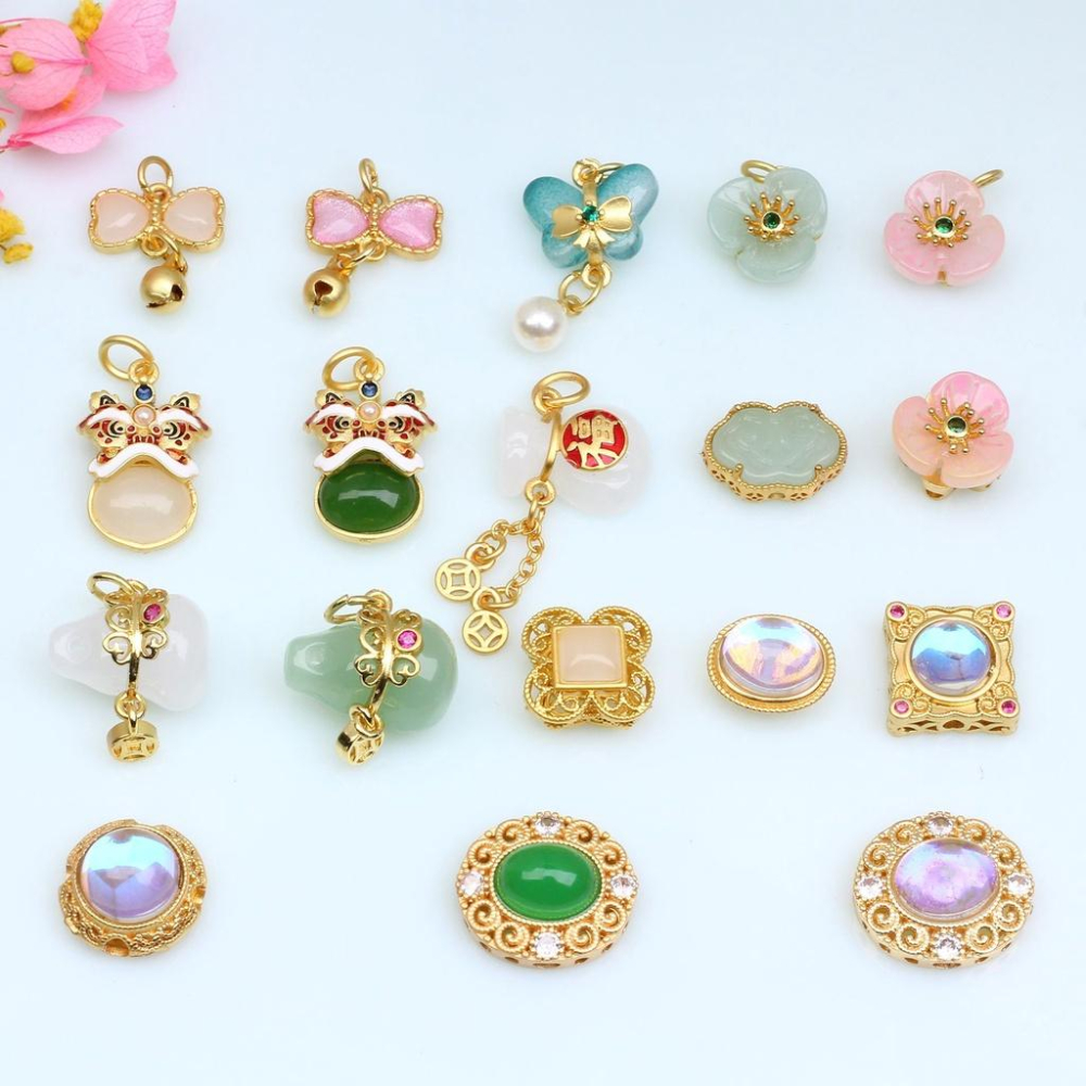 宏雲Hongyun-HC- 【 5pcs/包】古法沙金蝴蝶結葫蘆保色吊墜 鑲嵌玉-石掛件 diy手串項鏈飾品配件-細節圖8