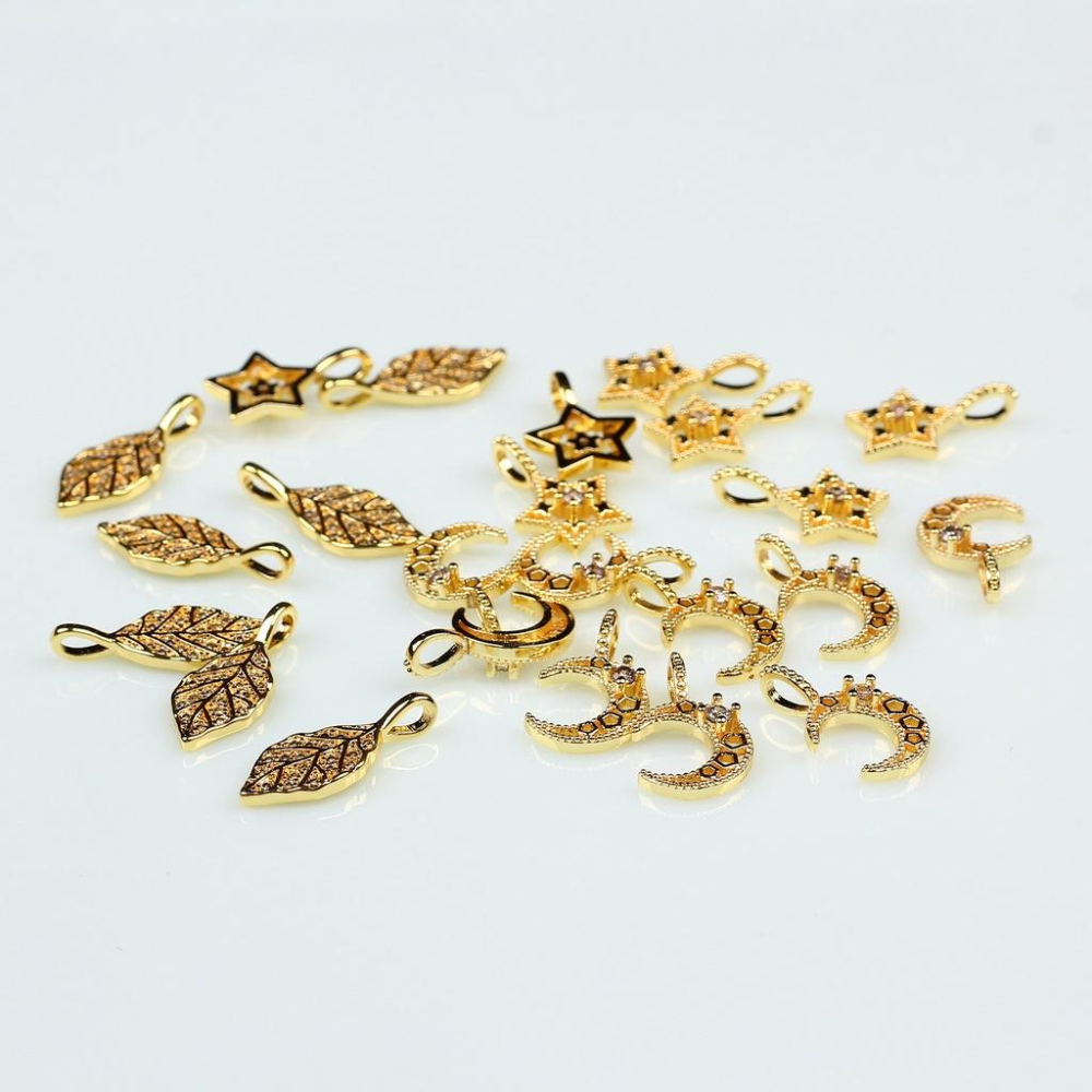HC-1108【 10pcs/包】1-16號小新潮流飾品14k包金微鑲鋯石吊墜 星星月亮雪花diy項鏈手鏈掛件-細節圖4