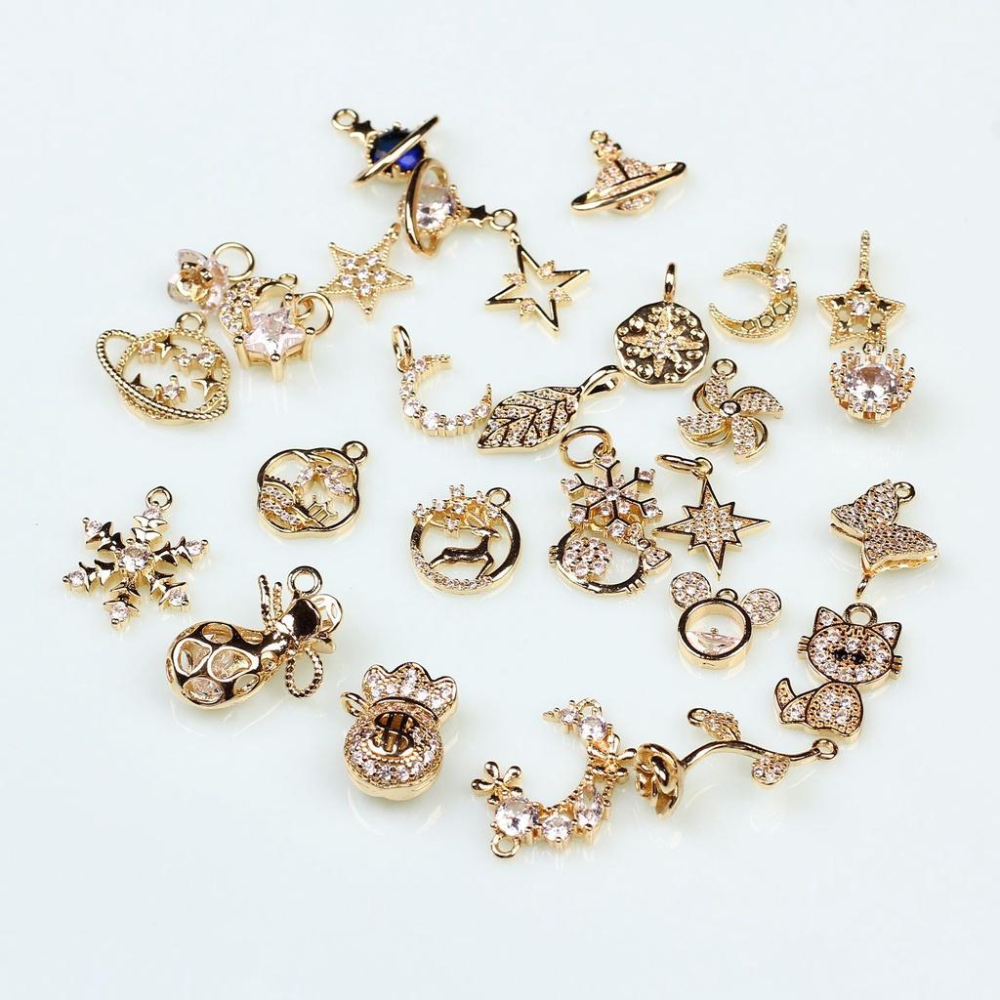 HC-1108【 10pcs/包】1-16號小新潮流飾品14k包金微鑲鋯石吊墜 星星月亮雪花diy項鏈手鏈掛件-細節圖5