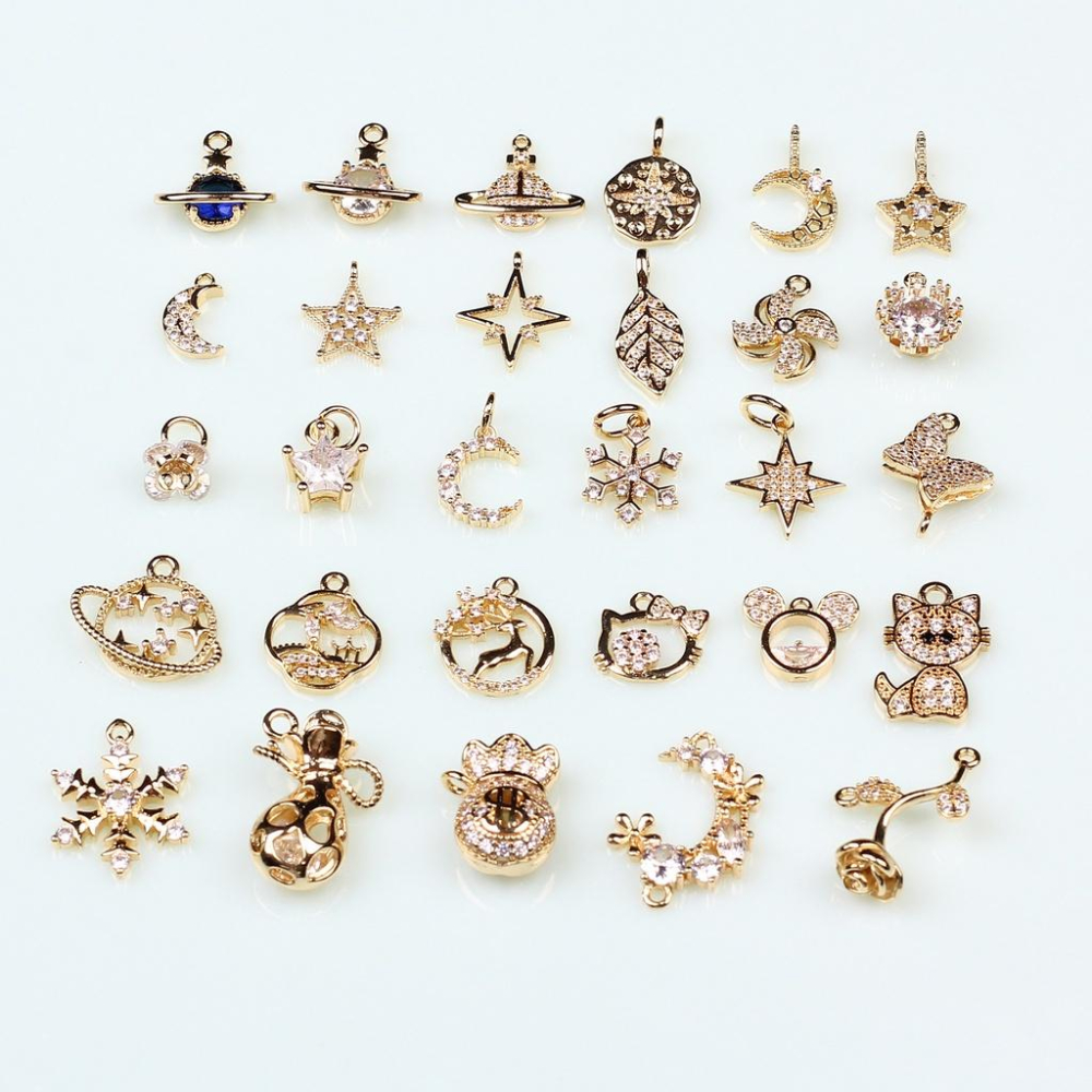 HC-1108【 10pcs/包】1-16號小新潮流飾品14k包金微鑲鋯石吊墜 星星月亮雪花diy項鏈手鏈掛件-細節圖6