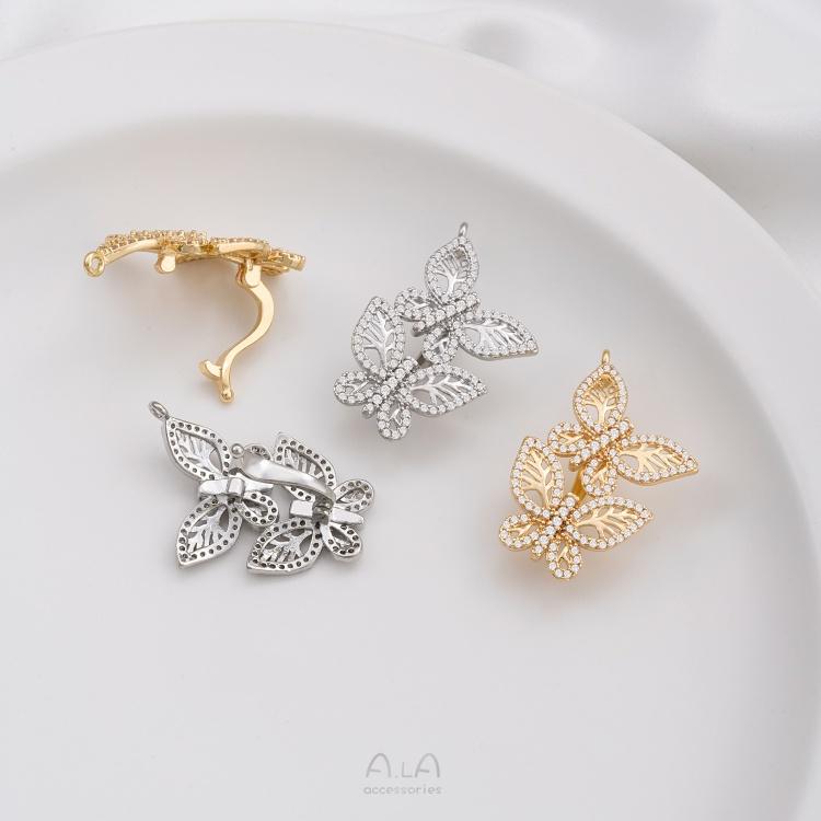 Ala-1126-  保色14K包金鋯石雙蝴蝶夾扣飾品扣diy珍珠項鍊扣毛衣鏈吊墜扣配件-細節圖7