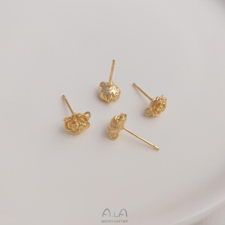 宏雲Hongyun-Ala-0801－－－925銀針14K包金保色玫瑰花帶吊環小花耳釘diy手工耳環耳飾品材料-細節圖4