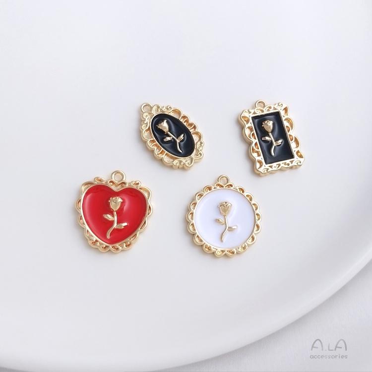 宏雲Hongyun-Ala-0801－－－銅包14K真金保色畫油玫瑰花相框復古吊墜手工diy手鏈項鏈耳環掛飾-細節圖3