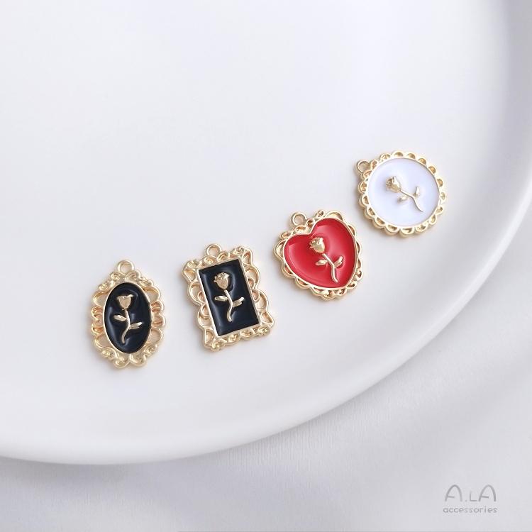 宏雲Hongyun-Ala-0801－－－銅包14K真金保色畫油玫瑰花相框復古吊墜手工diy手鏈項鏈耳環掛飾-細節圖5