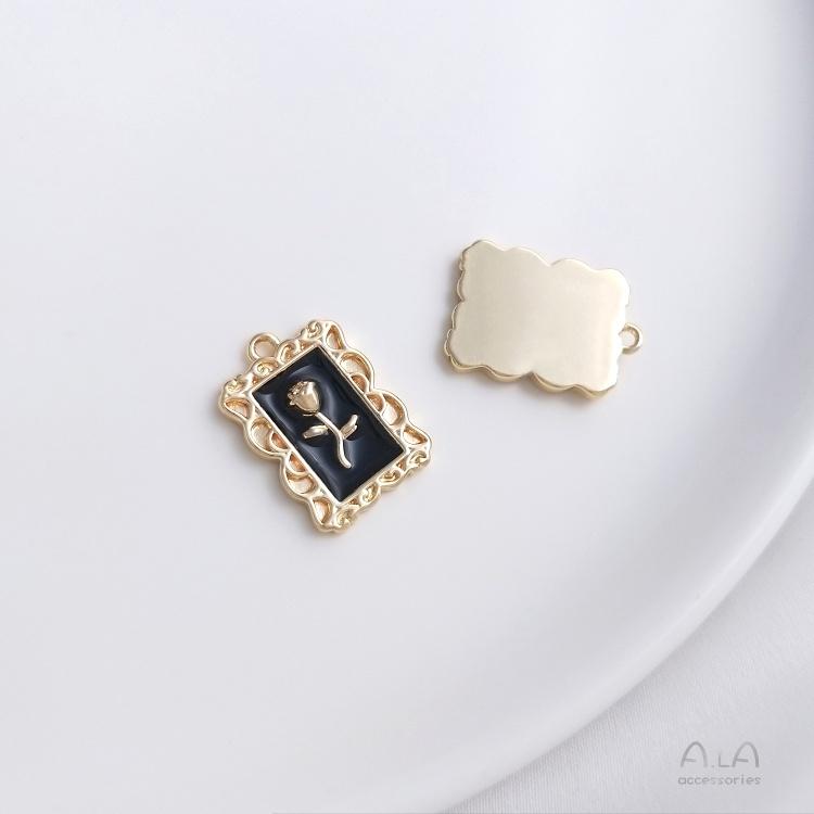 宏雲Hongyun-Ala-0801－－－銅包14K真金保色畫油玫瑰花相框復古吊墜手工diy手鏈項鏈耳環掛飾-細節圖7