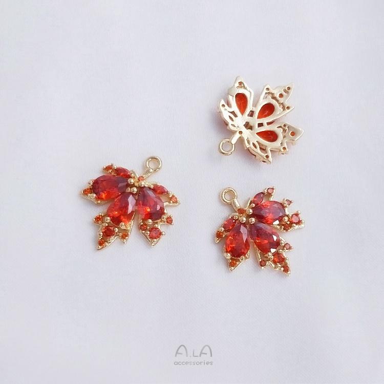 宏雲Hongyun-Ala-0801－－－爆款楓葉吊墜保色14K包金微鑲鋯石綠紅色樹葉掛件diy耳環項鏈吊飾-細節圖7