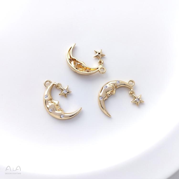 宏雲Hongyun-Ala-0801－－－保色14K包金鑲嵌鋯石月亮吊墜diy項鏈鎖骨鏈星月掛件手工飾品吊飾-細節圖8