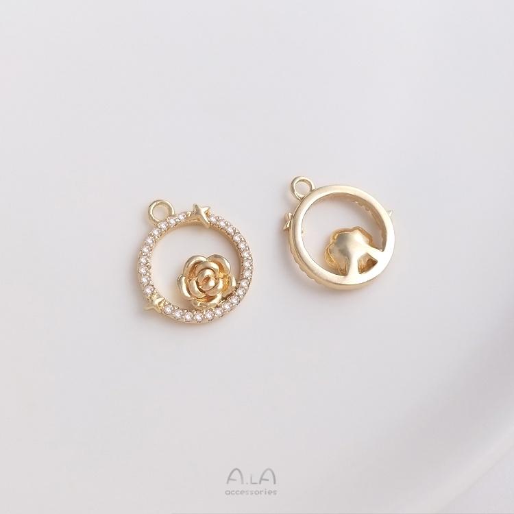 宏雲Hongyun-Ala-0801－－－14K包金方形圓形心形鋯石幾何框玫瑰花吊墜手工diy耳環手鏈掛件-細節圖2