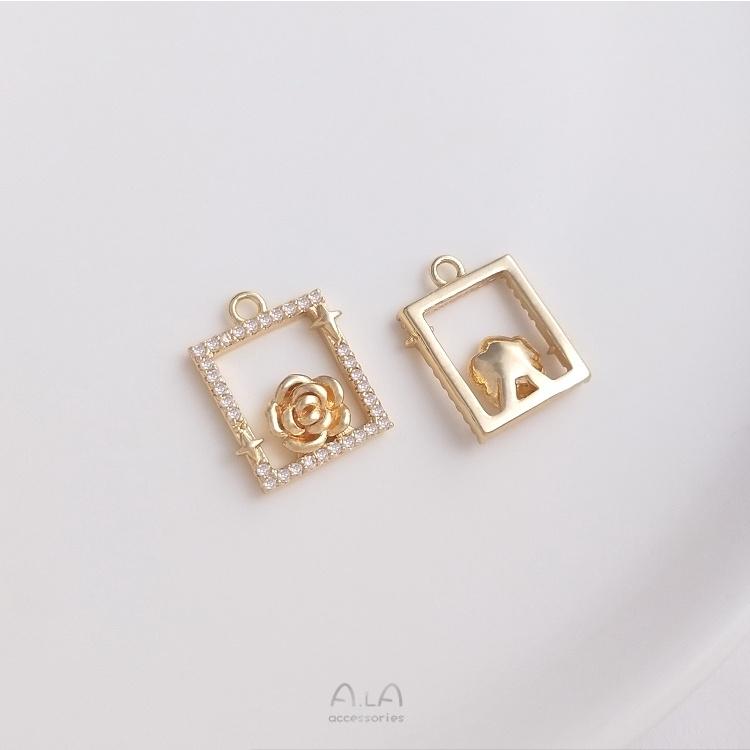 宏雲Hongyun-Ala-0801－－－14K包金方形圓形心形鋯石幾何框玫瑰花吊墜手工diy耳環手鏈掛件-細節圖4