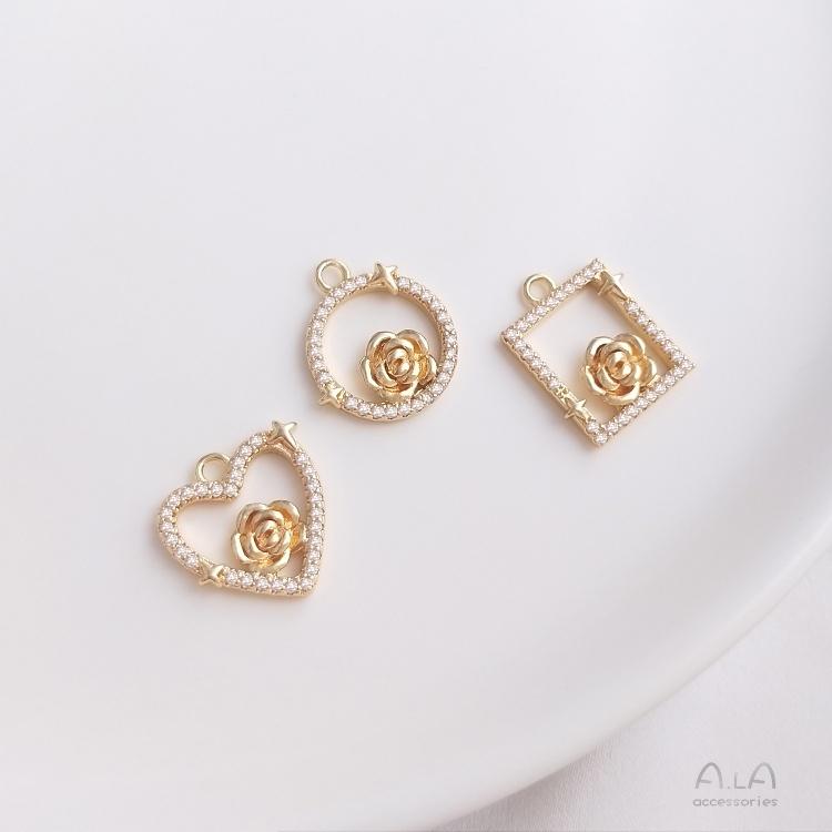 宏雲Hongyun-Ala-0801－－－14K包金方形圓形心形鋯石幾何框玫瑰花吊墜手工diy耳環手鏈掛件-細節圖9