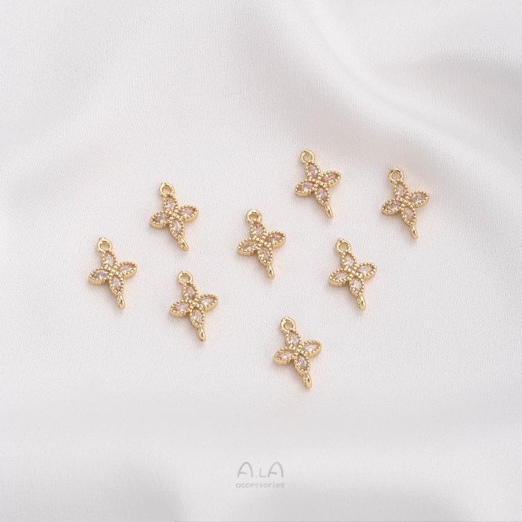 宏雲Hongyun-Ala-1105- 14K包金保色鑲鋯四葉草芒星菱形雙吊連接件手鍊項鍊配件耳環吊飾-細節圖2