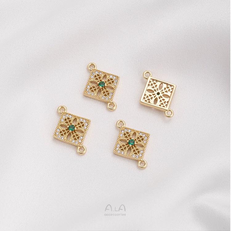 宏雲Hongyun-Ala-1105- 14K包金保色鑲鋯四葉草芒星菱形雙吊連接件手鍊項鍊配件耳環吊飾-細節圖3