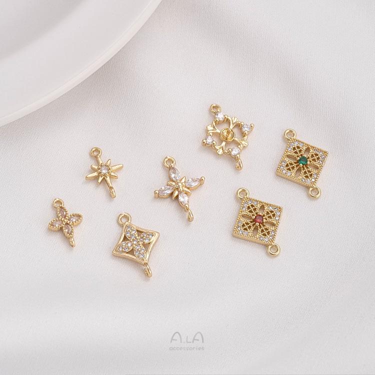 宏雲Hongyun-Ala-1105- 14K包金保色鑲鋯四葉草芒星菱形雙吊連接件手鍊項鍊配件耳環吊飾-細節圖4