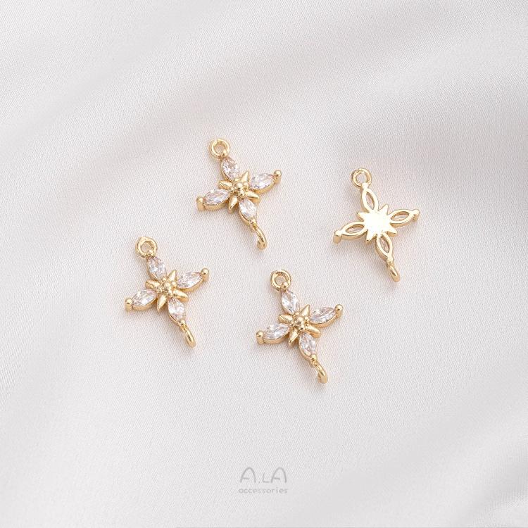 宏雲Hongyun-Ala-1105- 14K包金保色鑲鋯四葉草芒星菱形雙吊連接件手鍊項鍊配件耳環吊飾-細節圖6