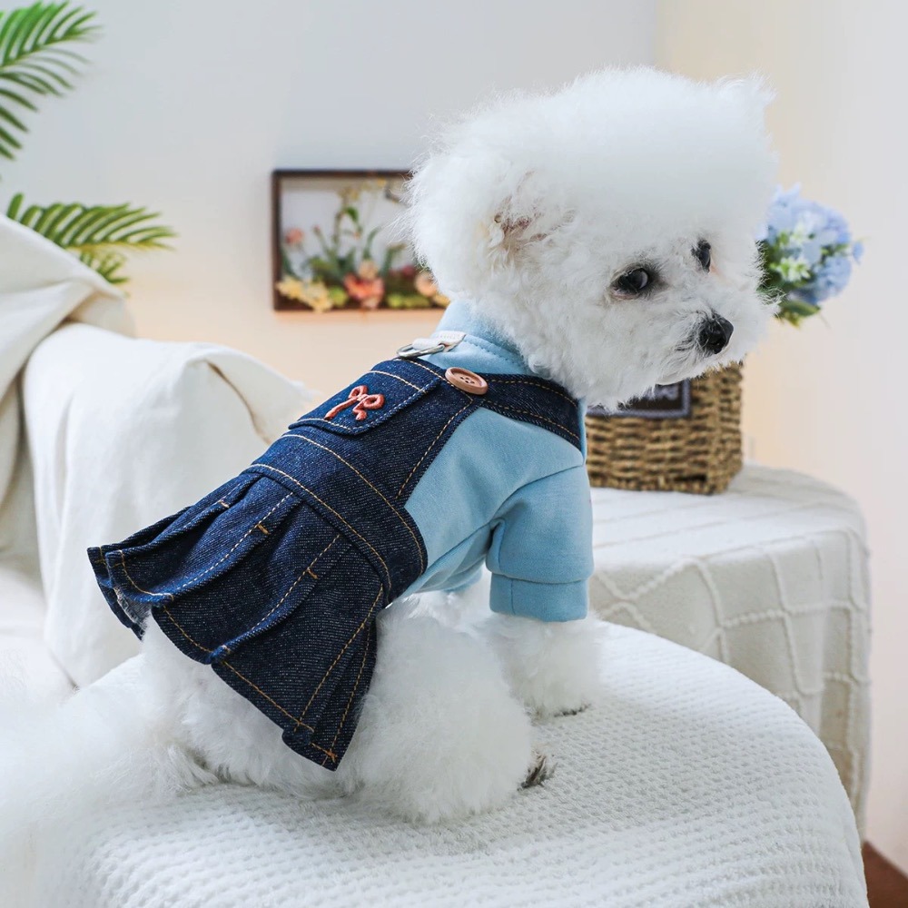 ♡【 J18 預購 】刺繡小粉蝴蝶結水藍假兩件牛仔裙-細節圖2