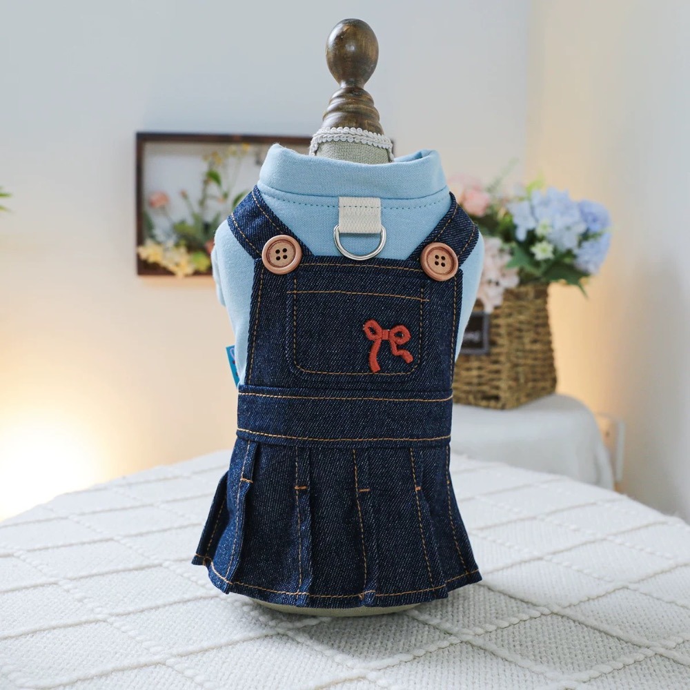 ♡【 J18 預購 】刺繡小粉蝴蝶結水藍假兩件牛仔裙-細節圖3