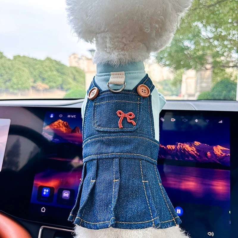 ♡【 J18 預購 】刺繡小粉蝴蝶結水藍假兩件牛仔裙-細節圖4