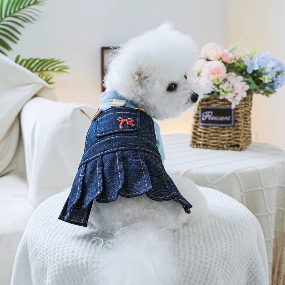 ♡【 J18 預購 】刺繡小粉蝴蝶結水藍假兩件牛仔裙-細節圖5