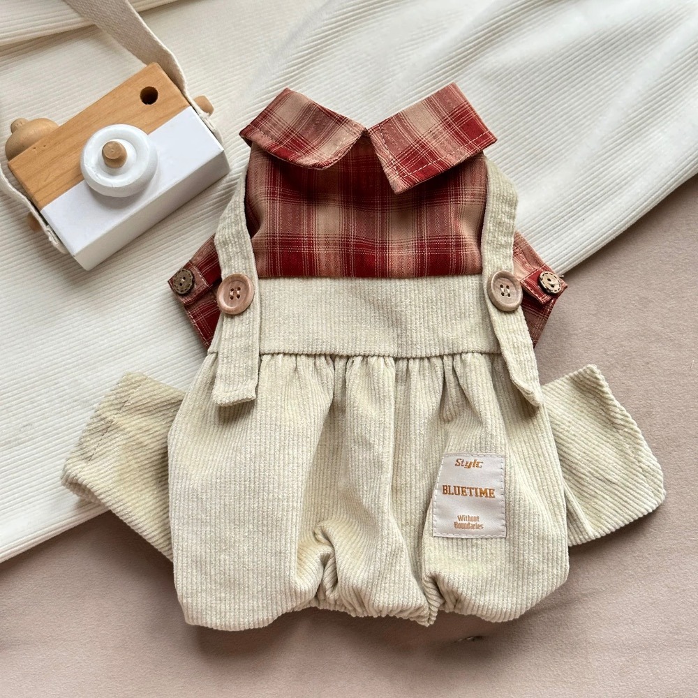 ♡【 H48 預購 】秋楓🍁松果美拉德假兩件襯衫背帶褲/大狗四腳衣 可穿至大狗.ᐟ.ᐟ.ᐟ ⋆-細節圖4