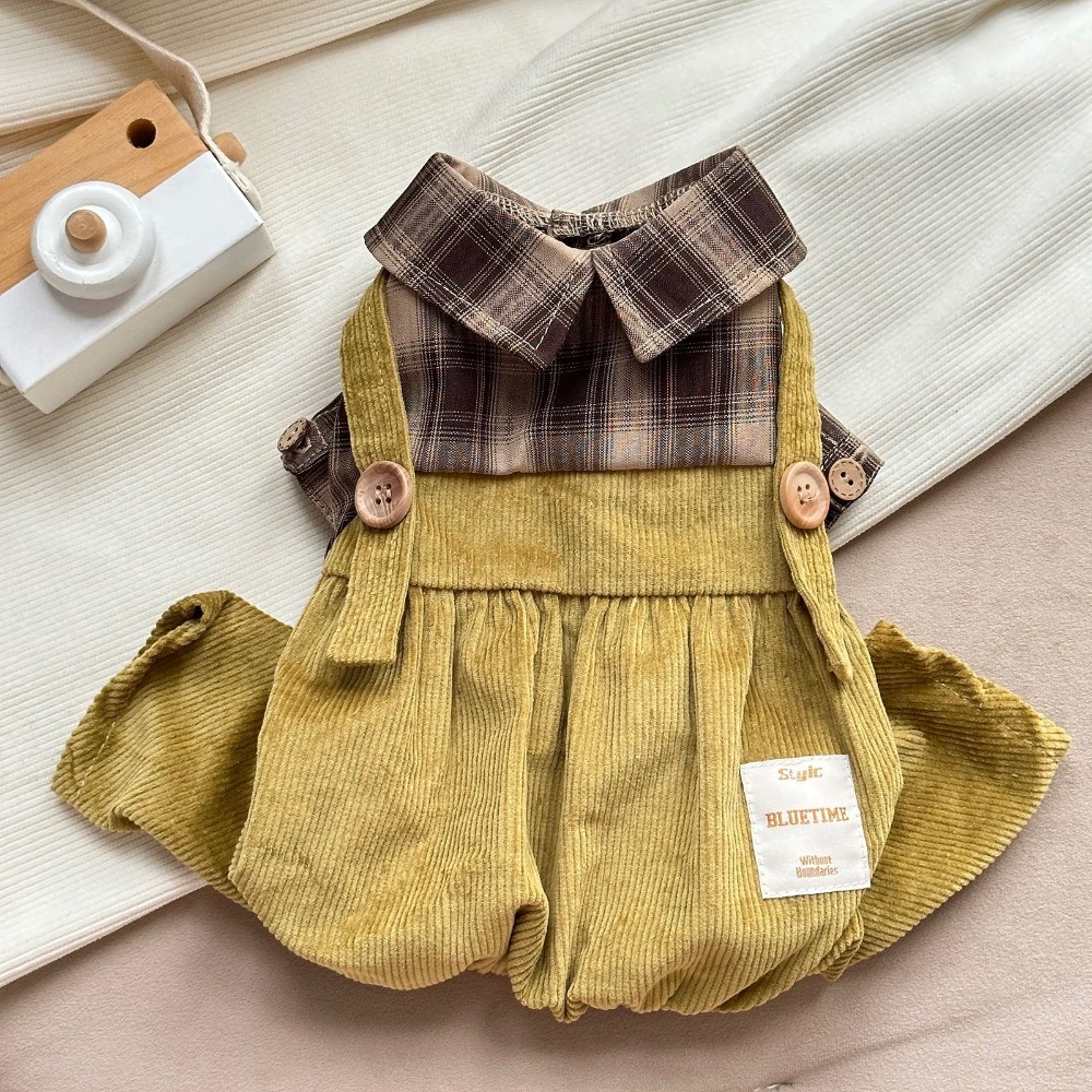 ♡【 H48 預購 】秋楓🍁松果美拉德假兩件襯衫背帶褲/大狗四腳衣 可穿至大狗.ᐟ.ᐟ.ᐟ ⋆-細節圖5