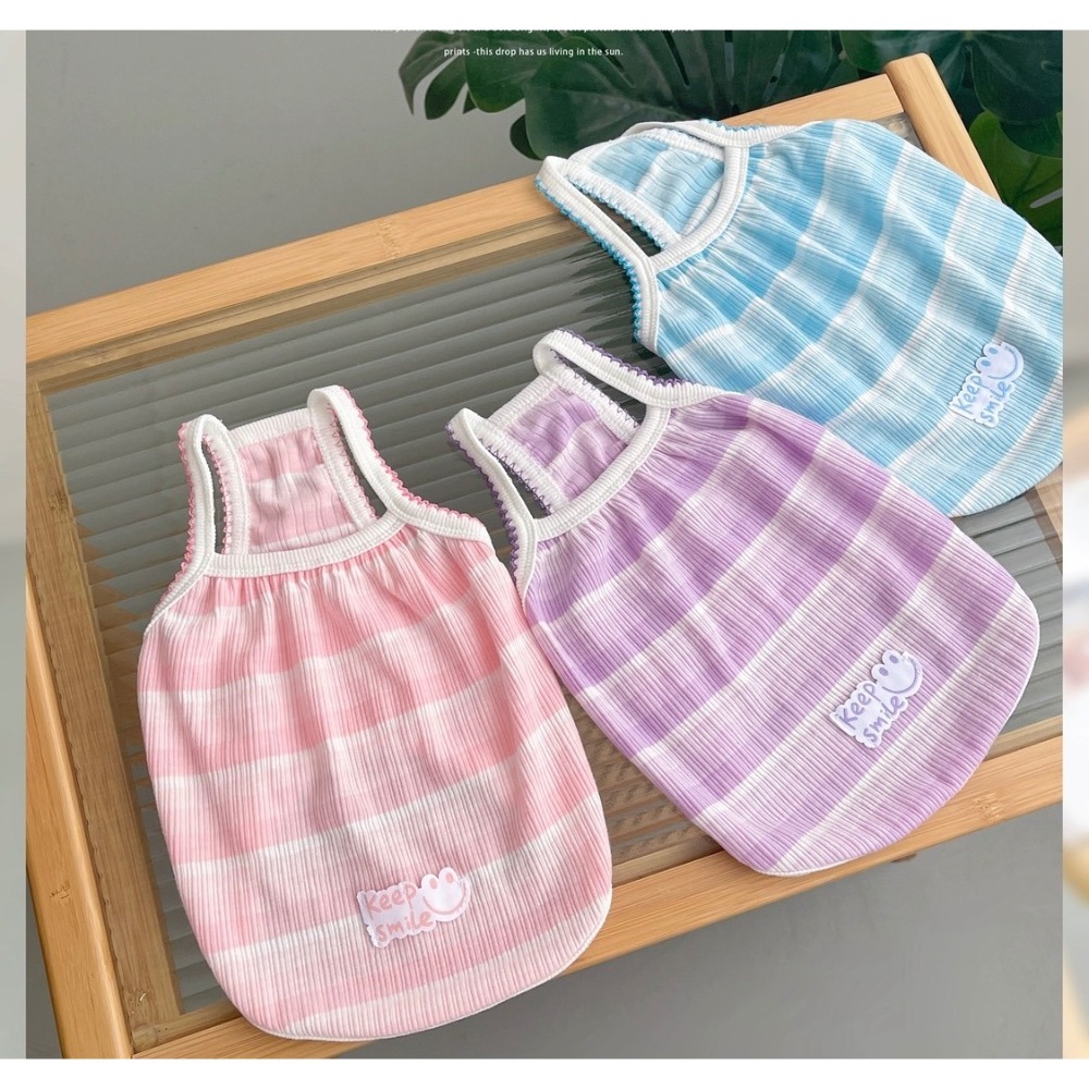 ♡【E02 預購】多色橫條keep smile布標薄款透氣夏季背心 寵物背心 貓咪防掉毛背心 貓咪背心 狗狗夏天-細節圖2