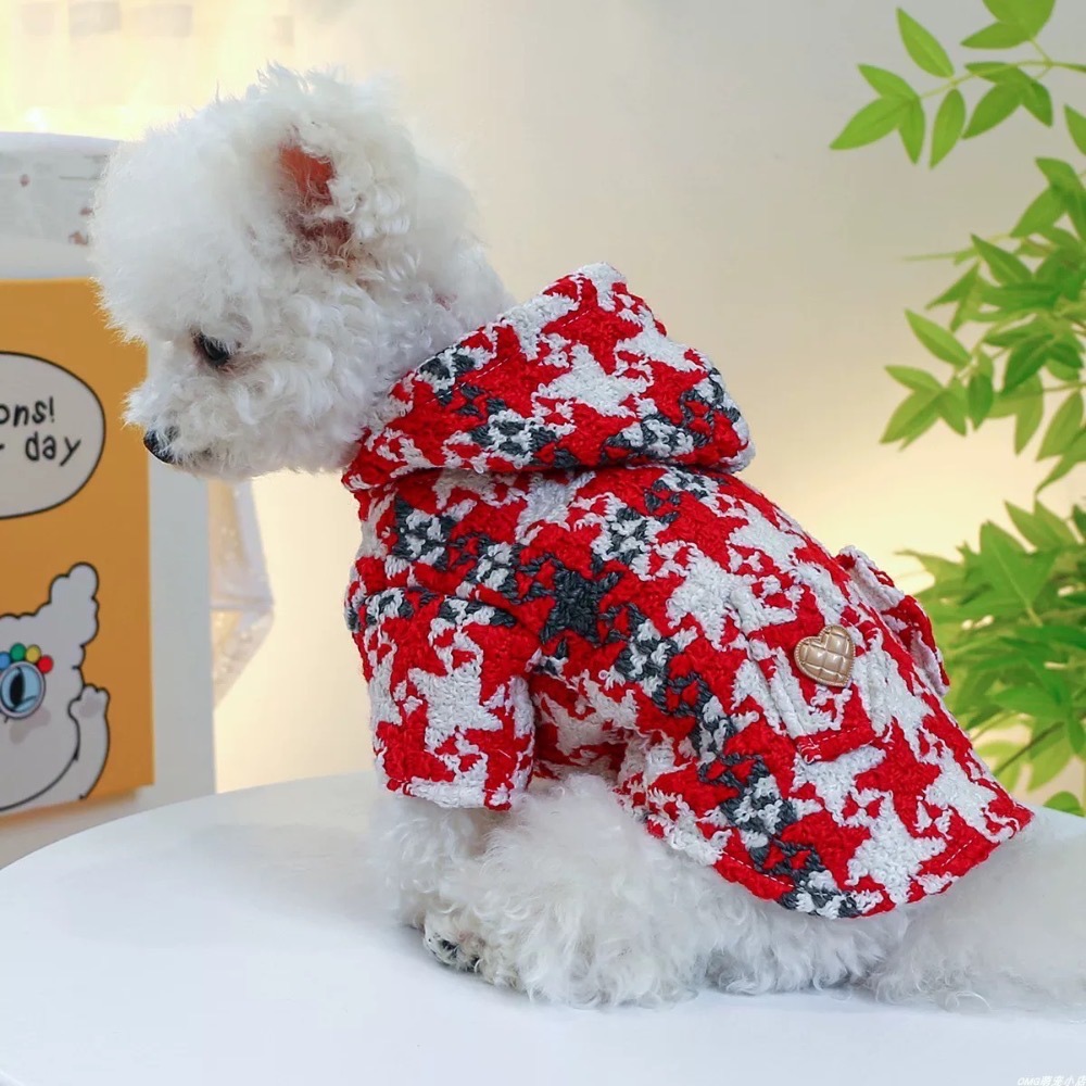 ♡【 J08 預購 】 大千鳥格愛心釦小口袋連帽喜氣寵物衣服-細節圖5