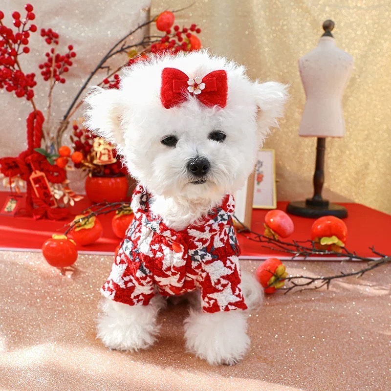 ♡【 J08 預購 】 大千鳥格愛心釦小口袋連帽喜氣寵物衣服-細節圖8