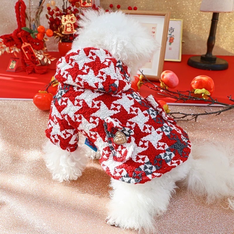 ♡【 J08 預購 】 大千鳥格愛心釦小口袋連帽喜氣寵物衣服-細節圖10