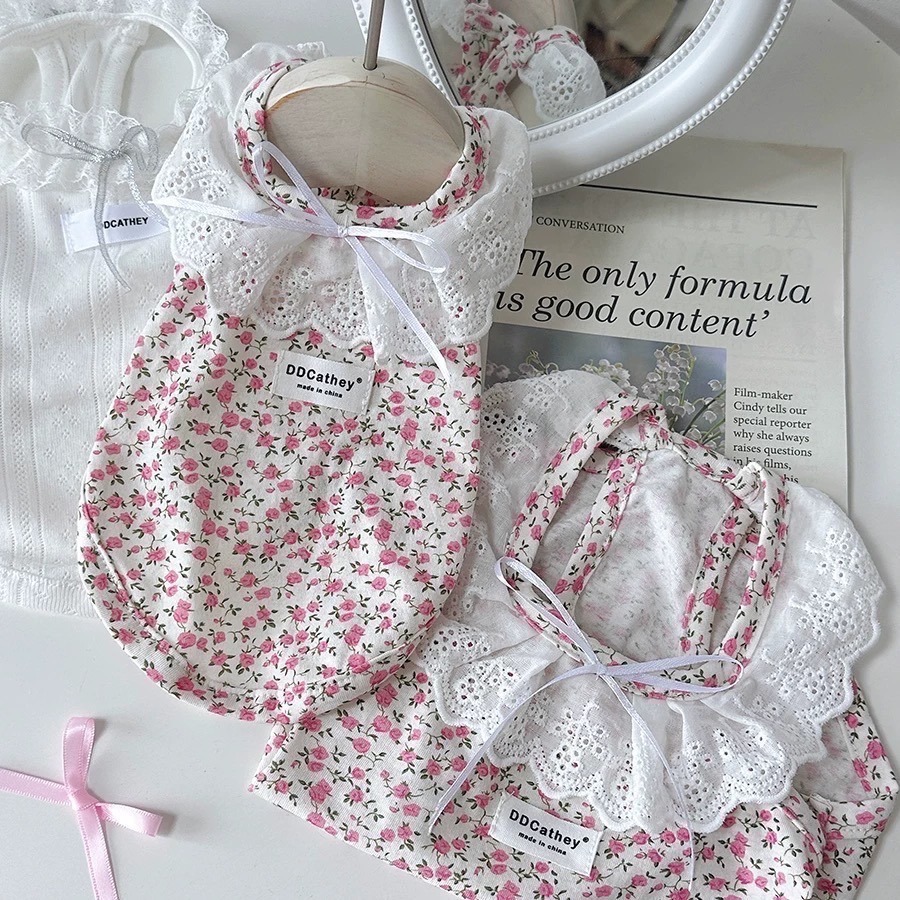 ♡【F22 預購】高訂款 碎花荷葉邊翻領蕾絲小背心 夏季背心 寵物背心 高級感 貓咪背心 狗狗夏天-細節圖4