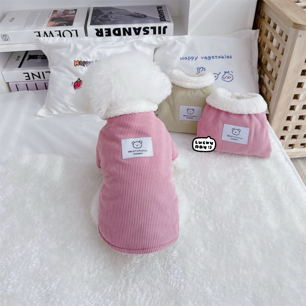 ♡【G50 預購 】多色坑條翻領小熊標籤棉服寵物衣服-細節圖2