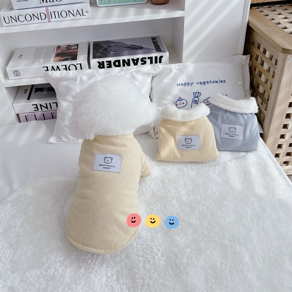 ♡【G50 預購 】多色坑條翻領小熊標籤棉服寵物衣服-細節圖3