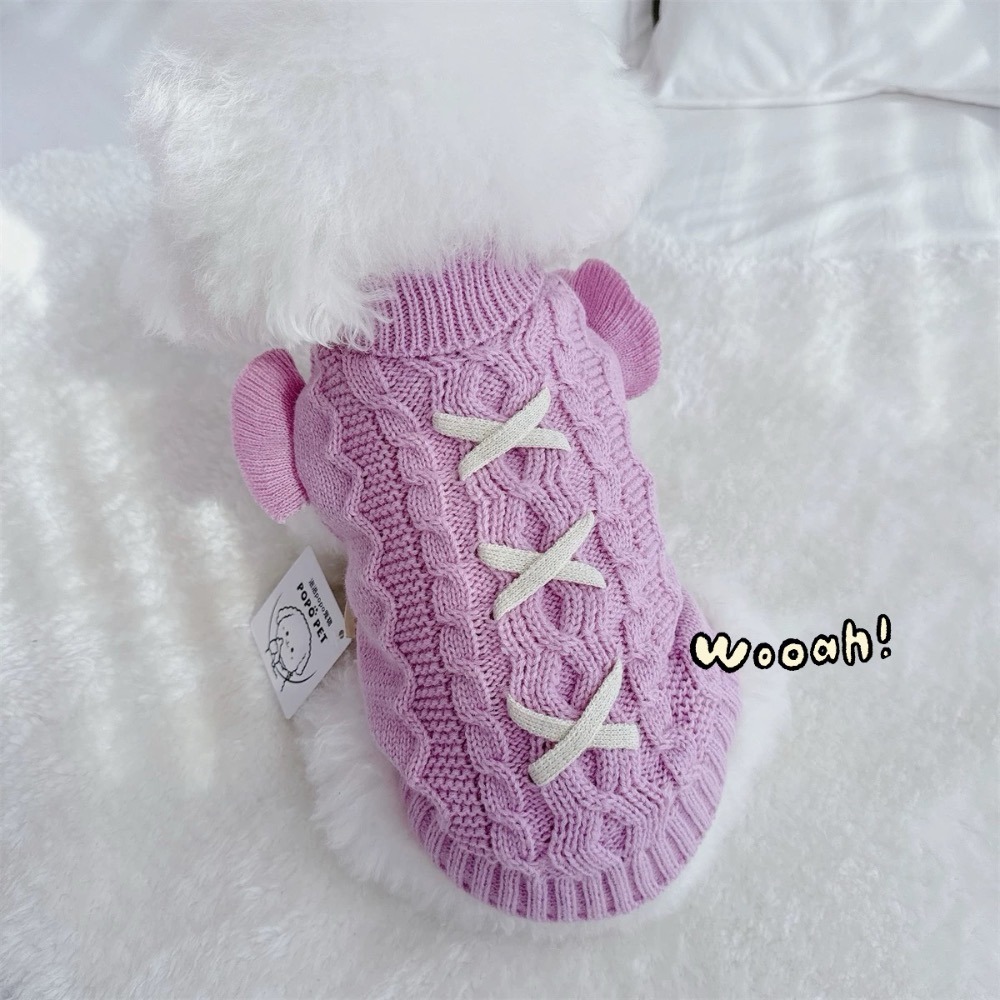 ♡【G51 預購 】 交叉綁繩小飛袖粉嫩色系保暖兩腳寵物衣服-細節圖2