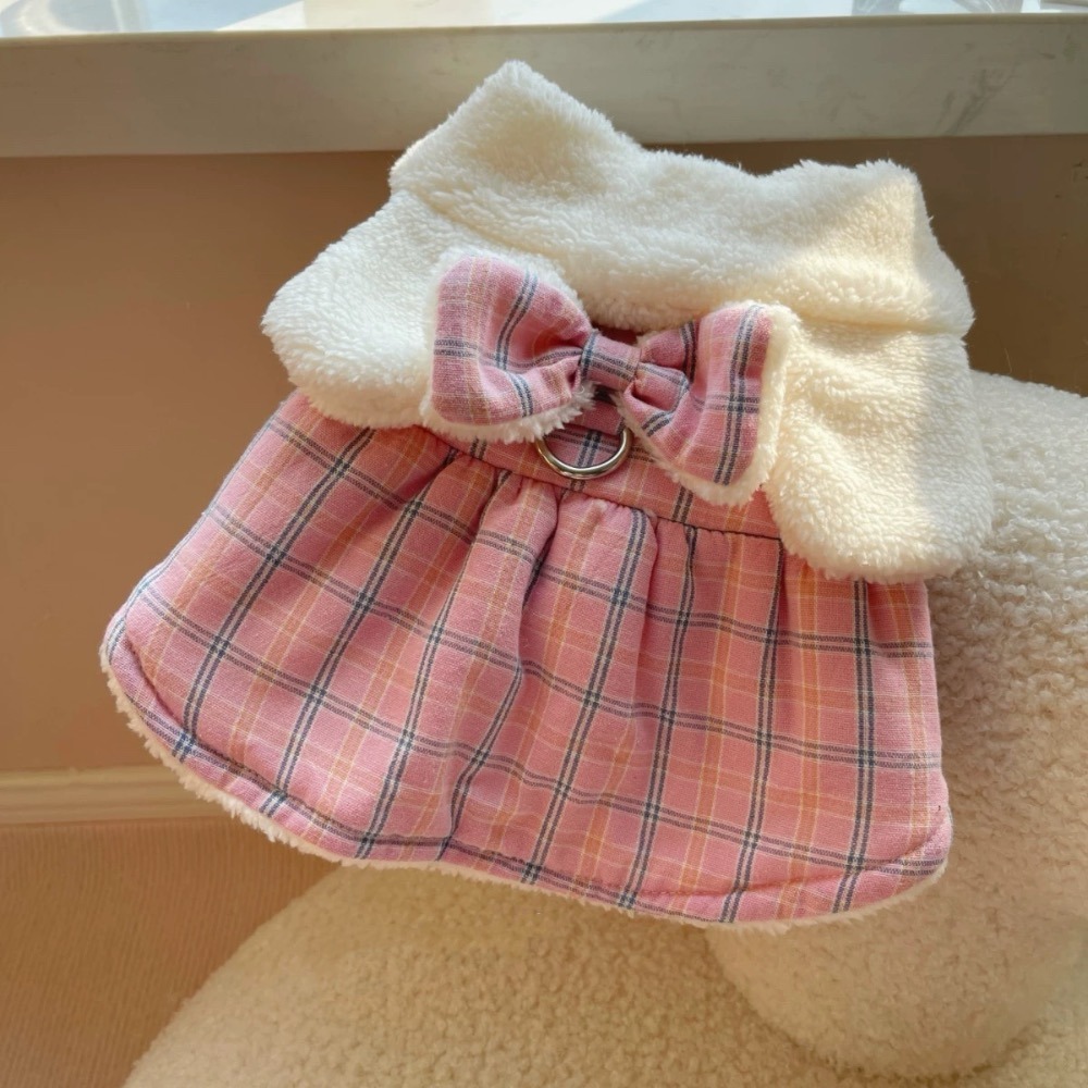 ♡【G52 預購 】 格子兔兔耳朵蝴蝶結翻領保暖寵物棉服-細節圖2
