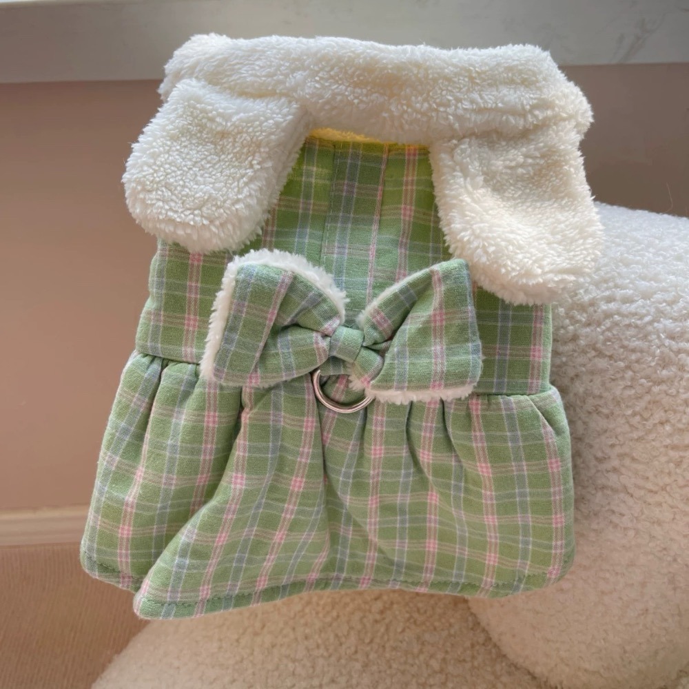 ♡【G52 預購 】 格子兔兔耳朵蝴蝶結翻領保暖寵物棉服-細節圖3
