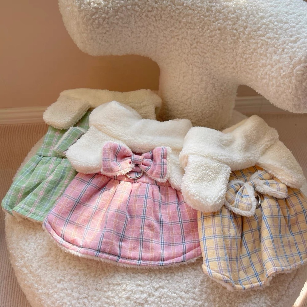 ♡【G52 預購 】 格子兔兔耳朵蝴蝶結翻領保暖寵物棉服-細節圖4