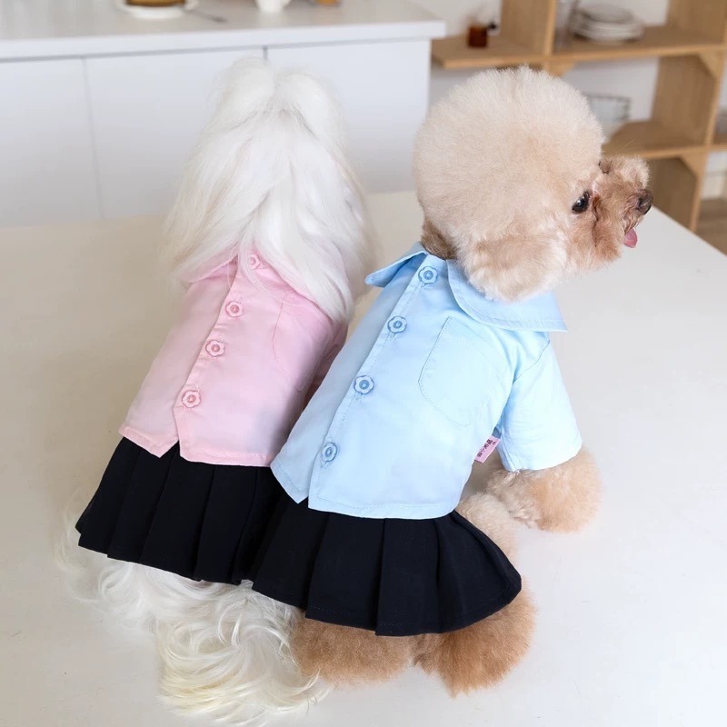 ♡【H21 預購】黑白背心裙圓領藍粉襯衫套裝 寵物情侶裝 寵物兄妹裝 姐弟裝-細節圖5