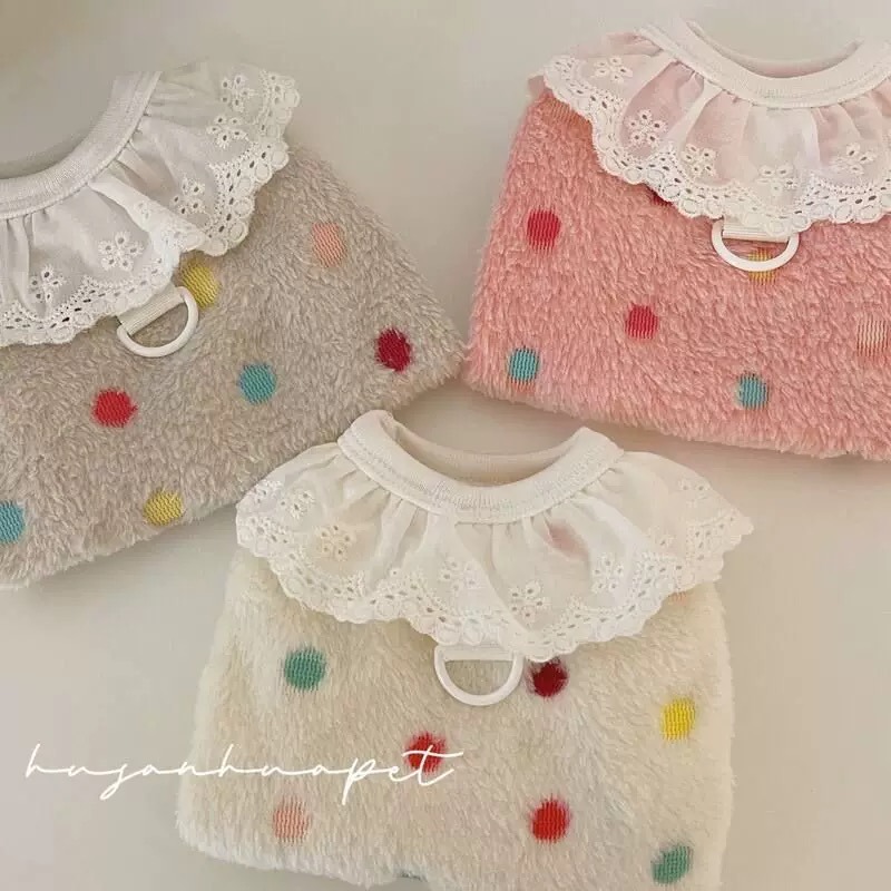 ♡【 K25 預購 】  多色彩色點點蕾絲領毛絨背心-細節圖3