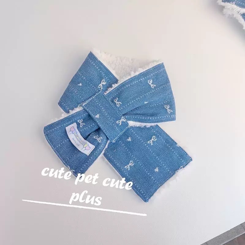 ♡【 K26 預購 】  牛仔蝴蝶結毛毛保暖領巾-細節圖2