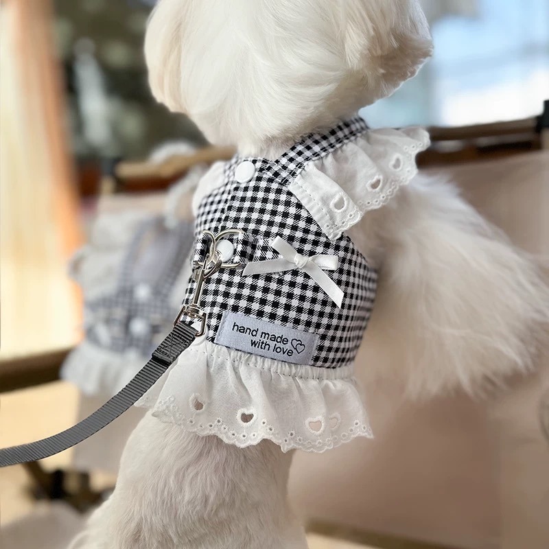 ♡【 K29 預購 】 黑白蕾絲格子公主袖透氣胸背裙-細節圖2