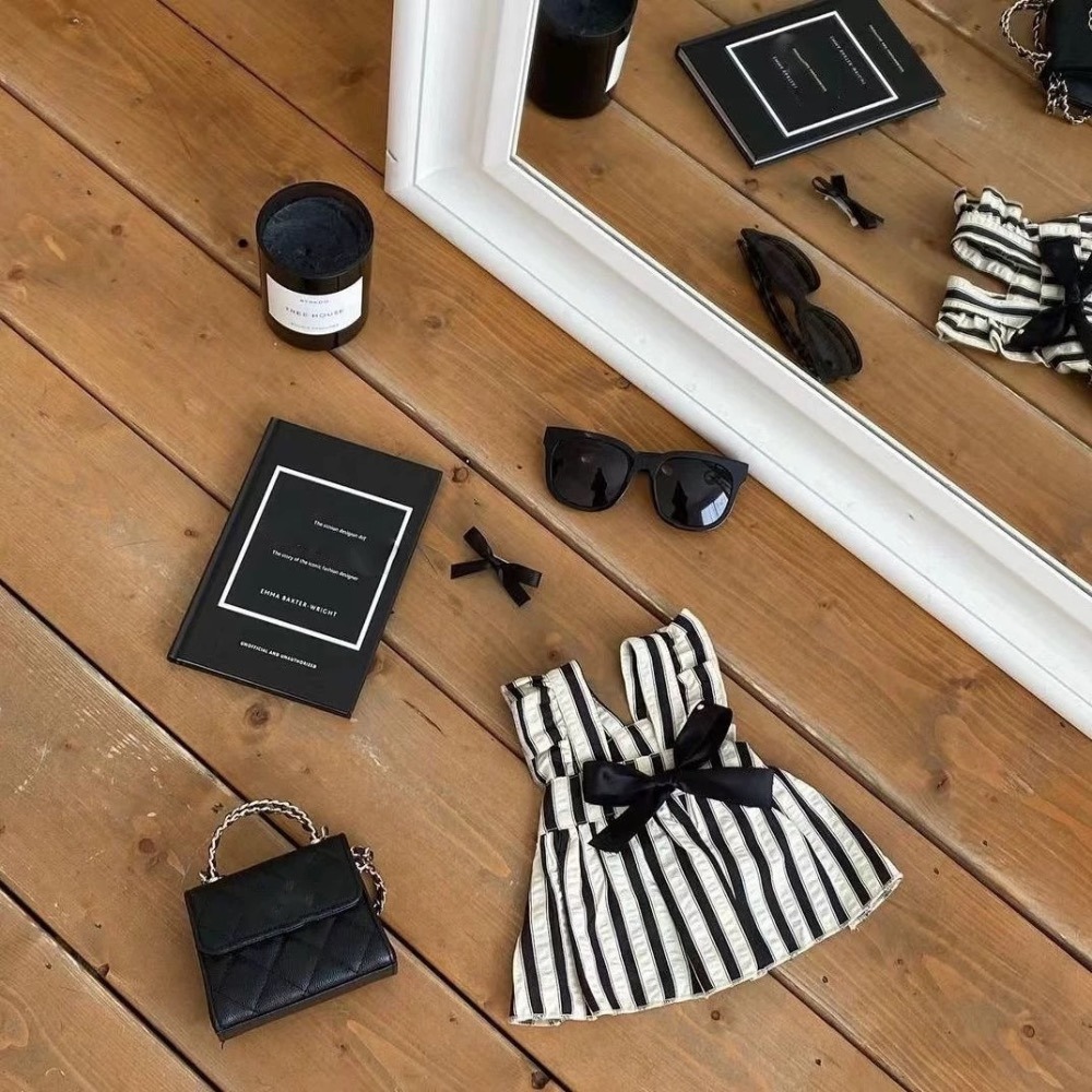 ♡【 K37 預購 】 法式浪漫黑白條紋蝴蝶結緞帶裙-細節圖3