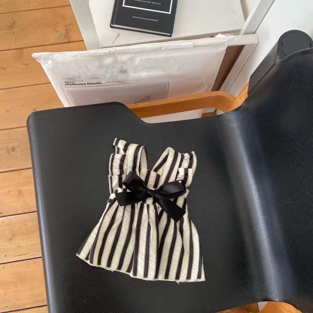 ♡【 K37 預購 】 法式浪漫黑白條紋蝴蝶結緞帶裙-細節圖4