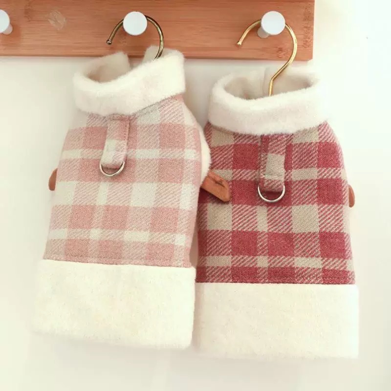 ♡【 K41 預購 】溫暖毛邊粉杏格子寵物衣服-細節圖2