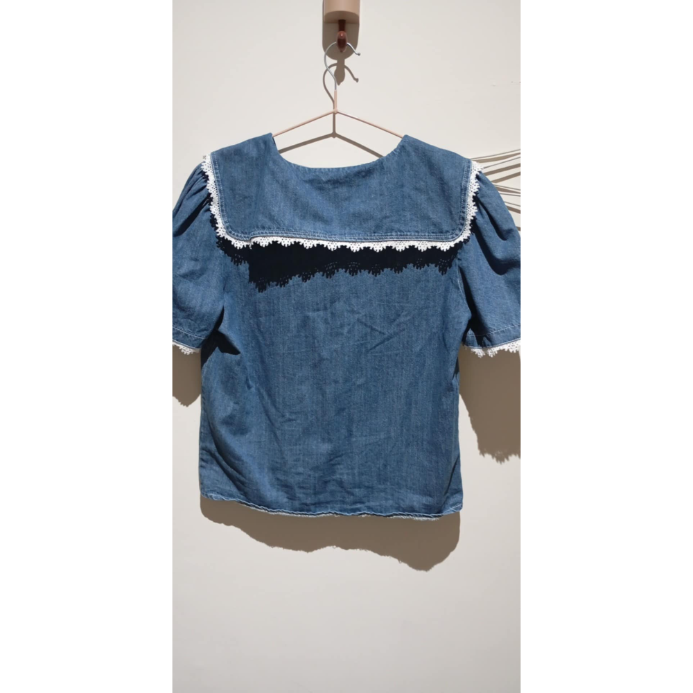 A229 丹寧蕾絲娃娃領上衣-細節圖2