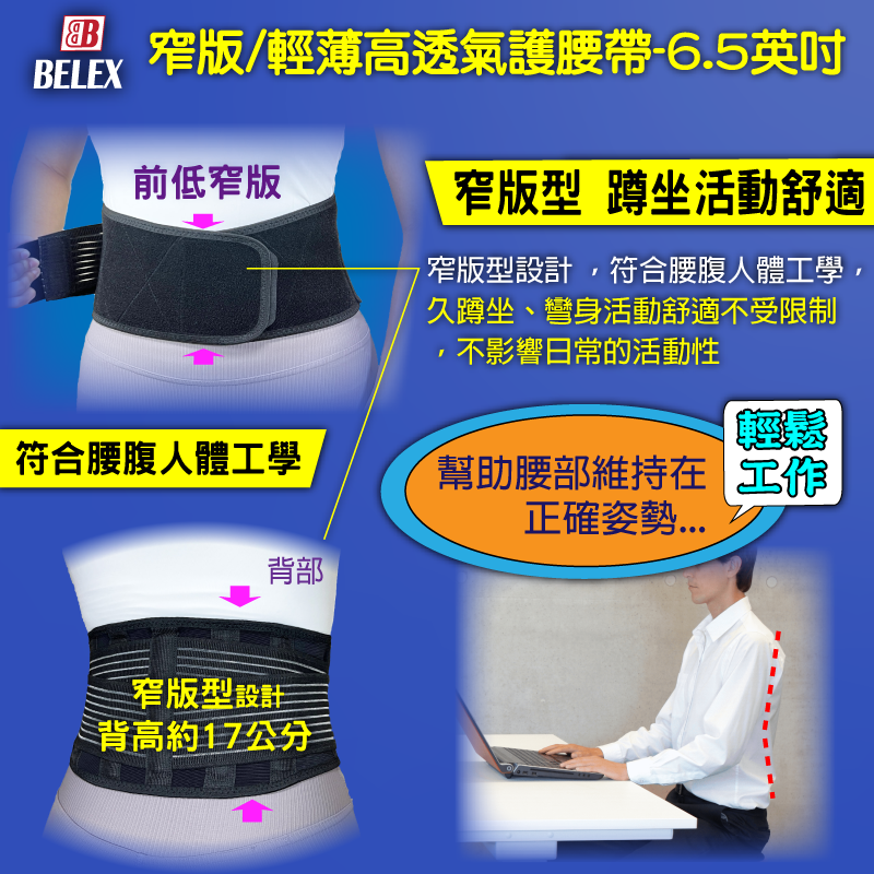 台灣製 醫療護腰 短版護腰 輕薄 高透氣 護腰帶 【BELEX】 低版型 窄版 辦公久坐 工作久站 隱藏 貼身護腰帶-細節圖3