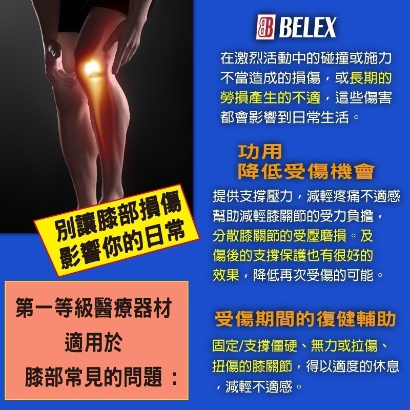 台灣製 醫療級護膝 兩側支撐條 韌帶拉傷 膝蓋退化 復健護膝 COOLMAX吸濕排汗 【BELEX】透氣護膝 健走護膝-細節圖2