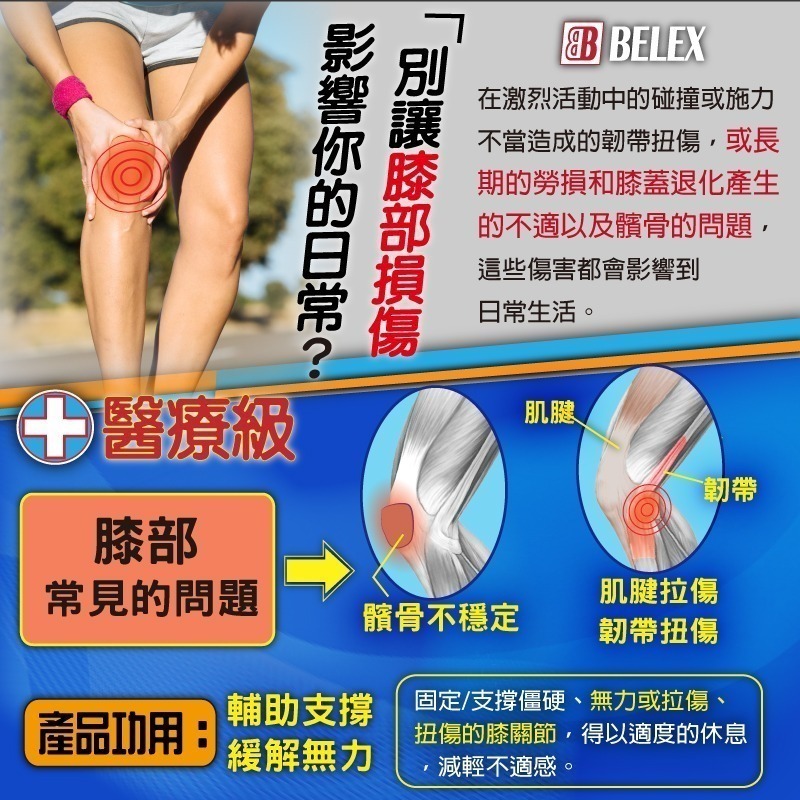 台灣製 醫療護膝 兩側支撐條 復健護膝 穩定髕骨 透氣護膝 【BELEX】 黏貼式護膝 開放式護膝 COOLMAX排汗-細節圖2