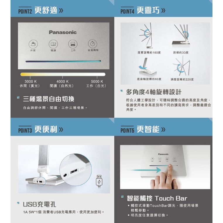 【國際牌Panasonic】觸控式四軸旋轉LED檯燈 HH-LT0616PA09(銀) 保固一年-細節圖4