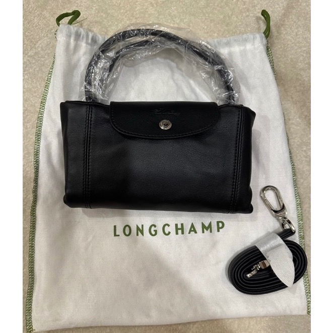 全新 現貨 法國製 絕版 Longchamp Le Pliage Cuir 小羊皮黑色法國製手短把折疊水餃包-細節圖10