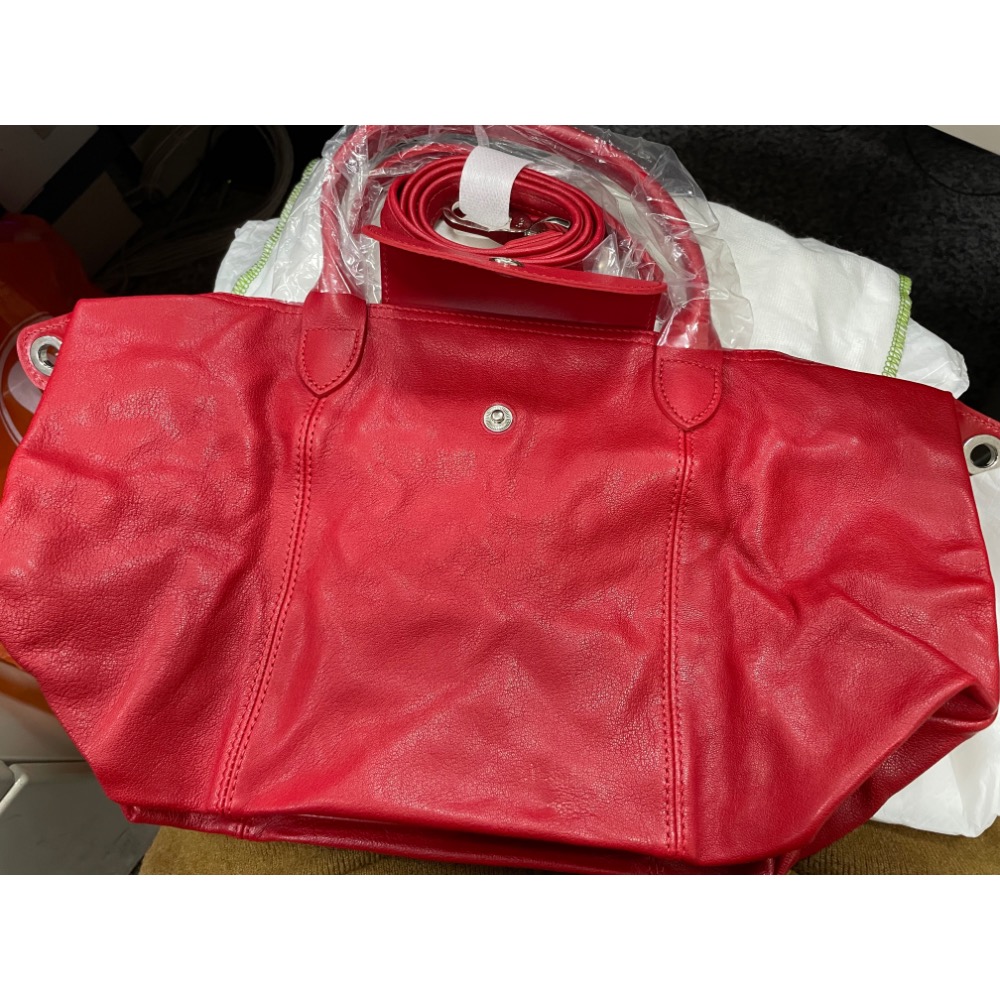 全新 絕版 法國製 longchamp 小羊皮 紅色 s 號 折疊包-細節圖2