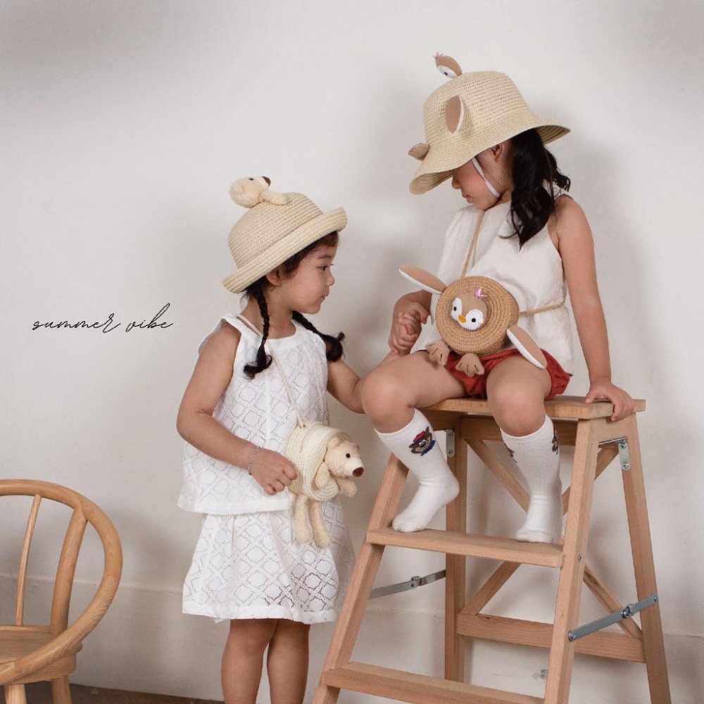 兒童草編包側背包小企鵝藤編包-藍綠色-細節圖2